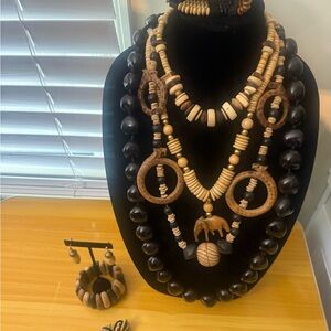 Handcrafted Wood Bead Necklace Set Brown & Black Necklaces Earrings Bracelet lot